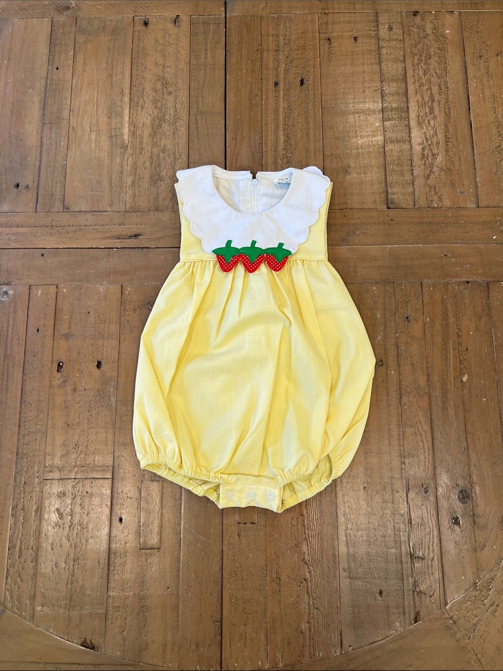 Vintage yellow stripe strawberry applique Peter Pan collar bubble romper 18 mont